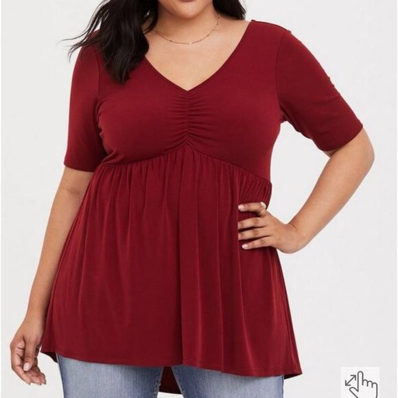 torrid Tops - Torrid Size 4 Red V-Neck Ruched Front Babydoll Tee